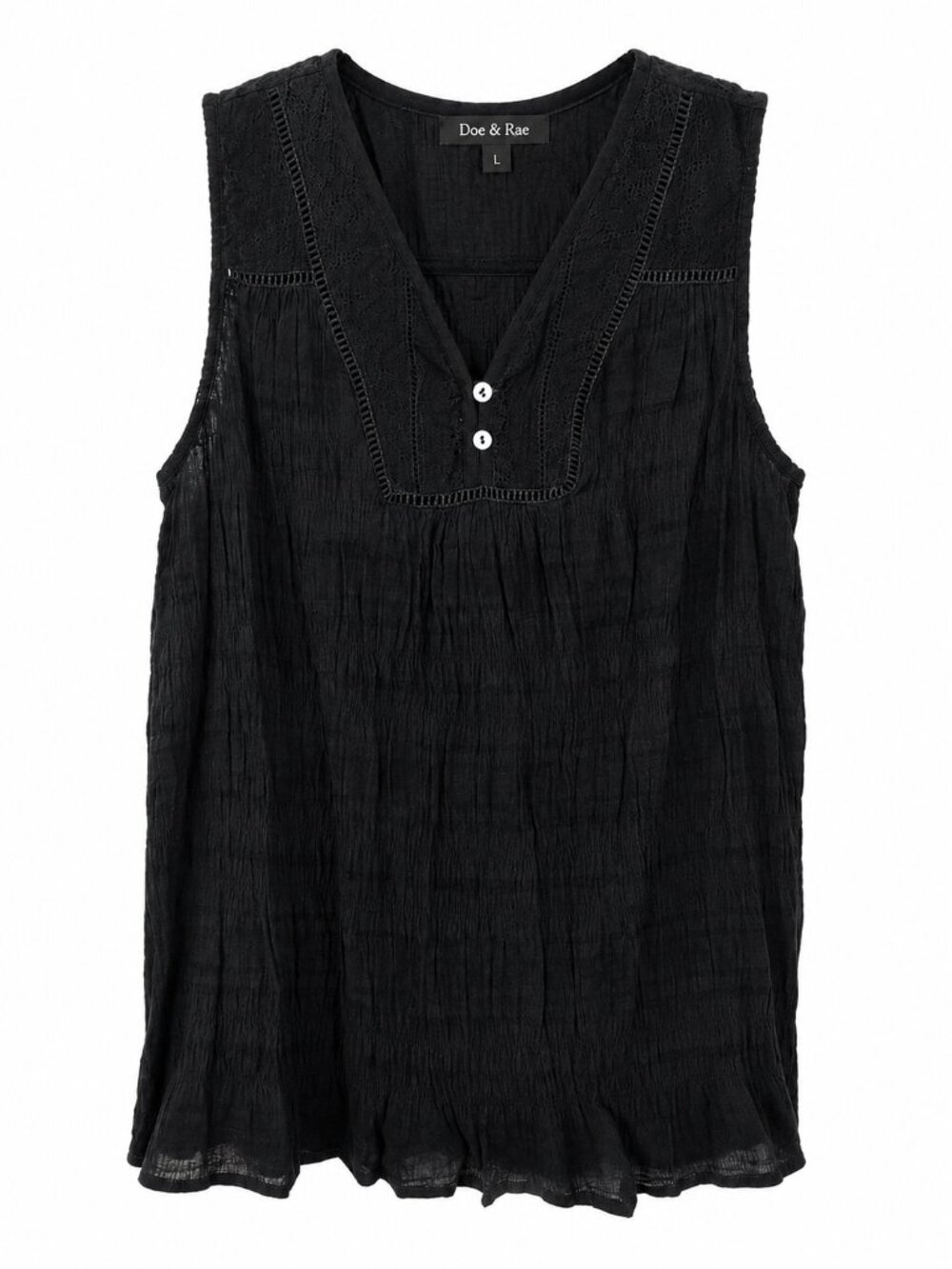 Doe & Rae Black Crinkle Gauze Sleeveless Boho Tank Top Lace Trim Button Front L